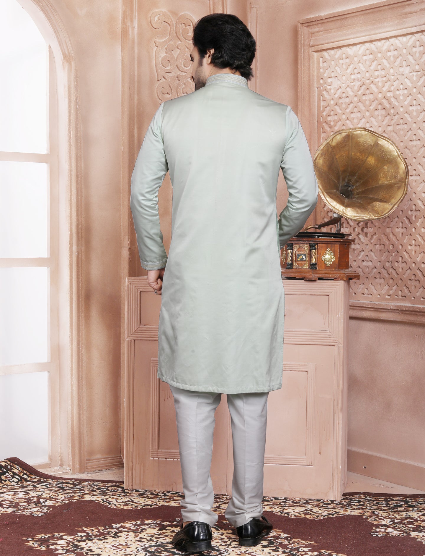 Pastal Green Banarasi Silk Mirror Work Handcrafted Kurta With Aligarhi Pant