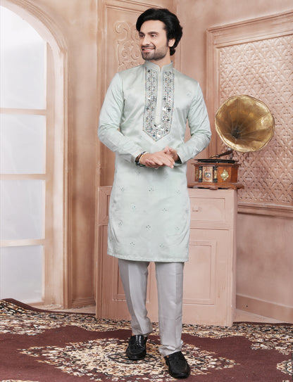 Pastal Green Banarasi Silk Mirror Work Handcrafted Kurta With Aligarhi Pant