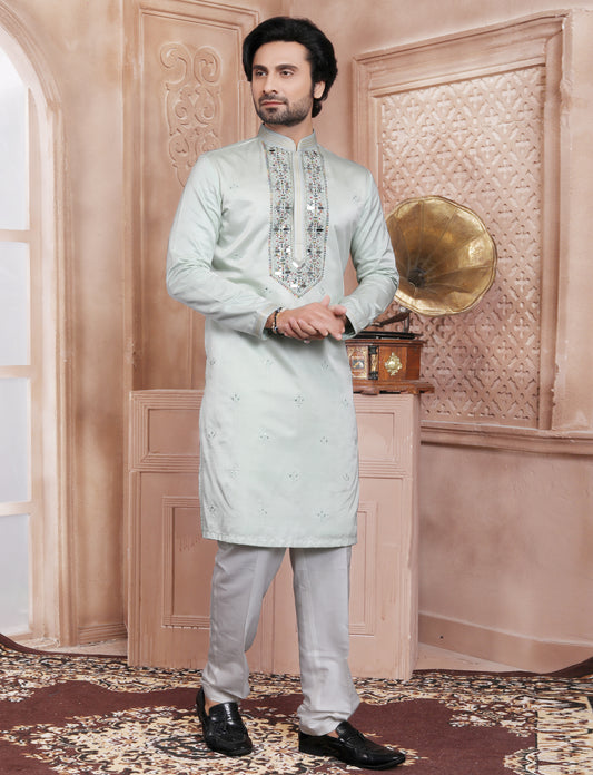 Pastal Green Banarasi Silk Mirror Work Handcrafted Kurta With Aligarhi Pant