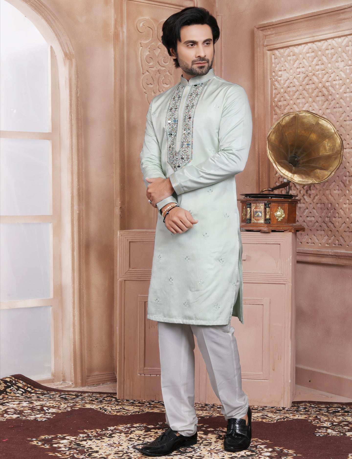 Pastal Green Banarasi Silk Mirror Work Handcrafted Kurta With Aligarhi Pant