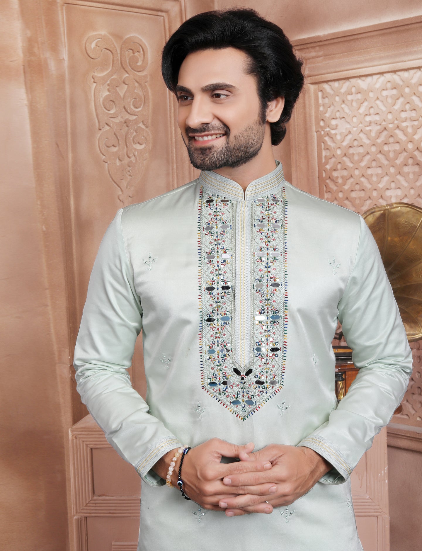 Pastal Green Banarasi Silk Mirror Work Handcrafted Kurta With Aligarhi Pant