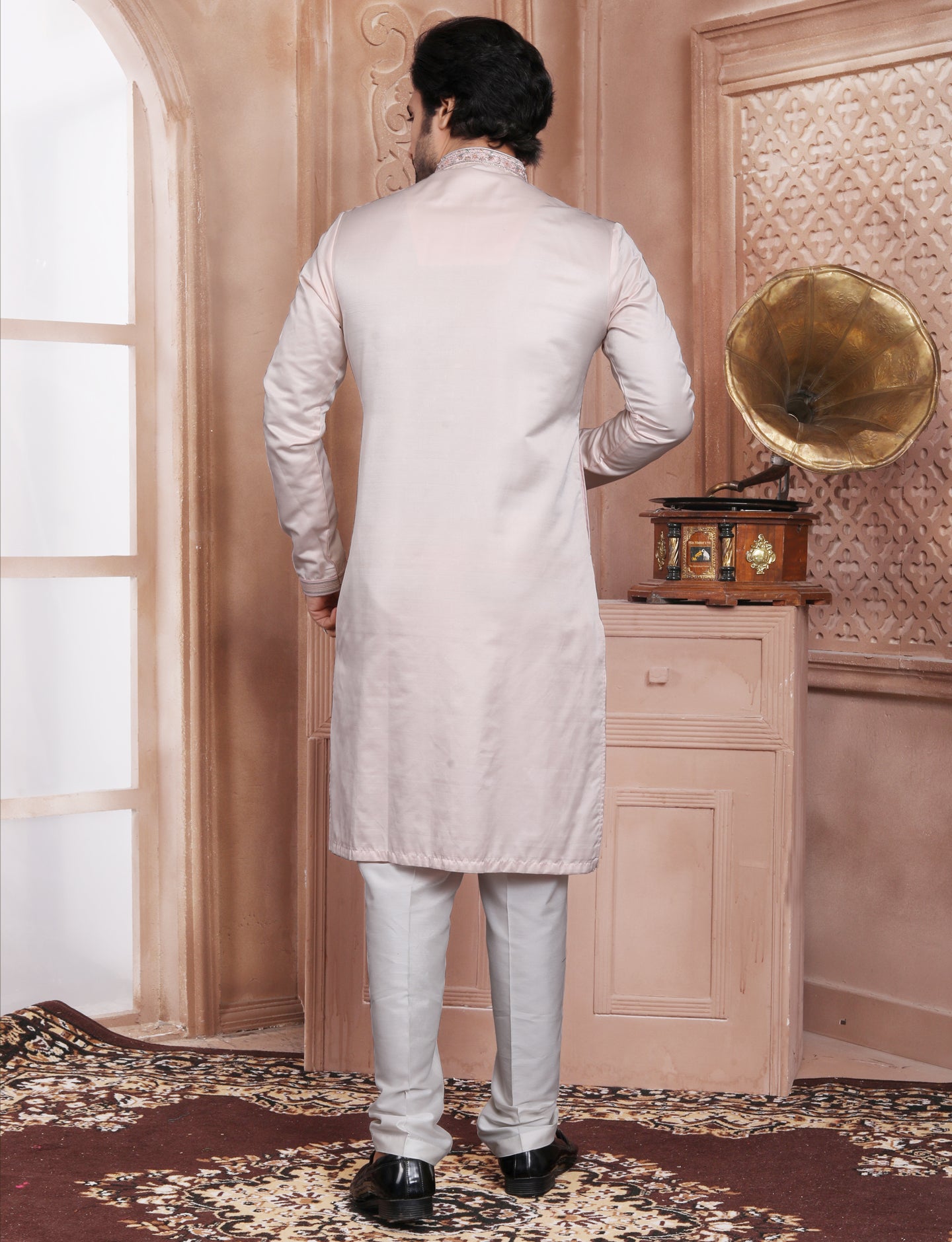 Pastal Peach Elegant Handcrafted embroidery kurta With Aligarhi Pant