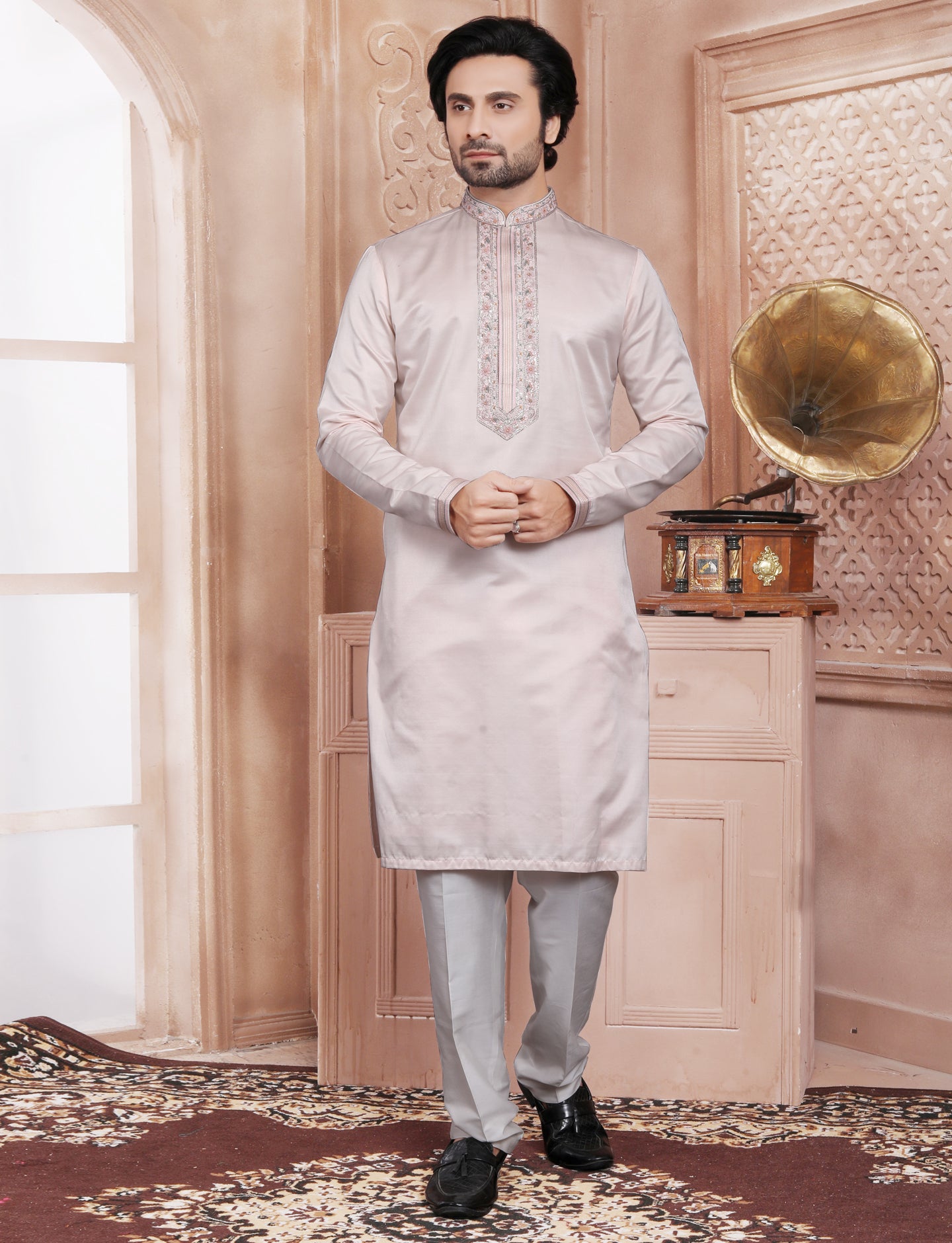 Pastal Peach Elegant Handcrafted embroidery kurta With Aligarhi Pant