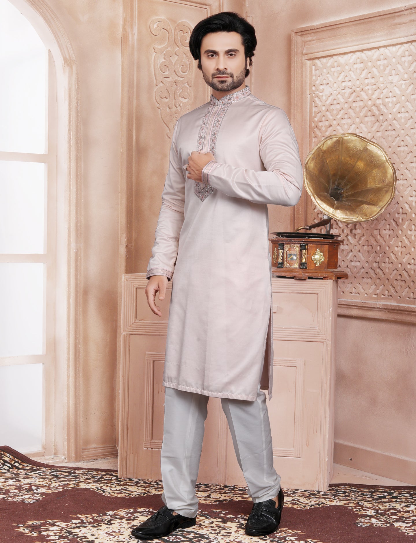 Pastal Peach Elegant Handcrafted embroidery kurta With Aligarhi Pant