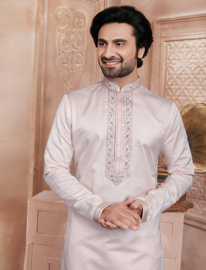 Pastal Peach Elegant Handcrafted embroidery kurta With Aligarhi Pant