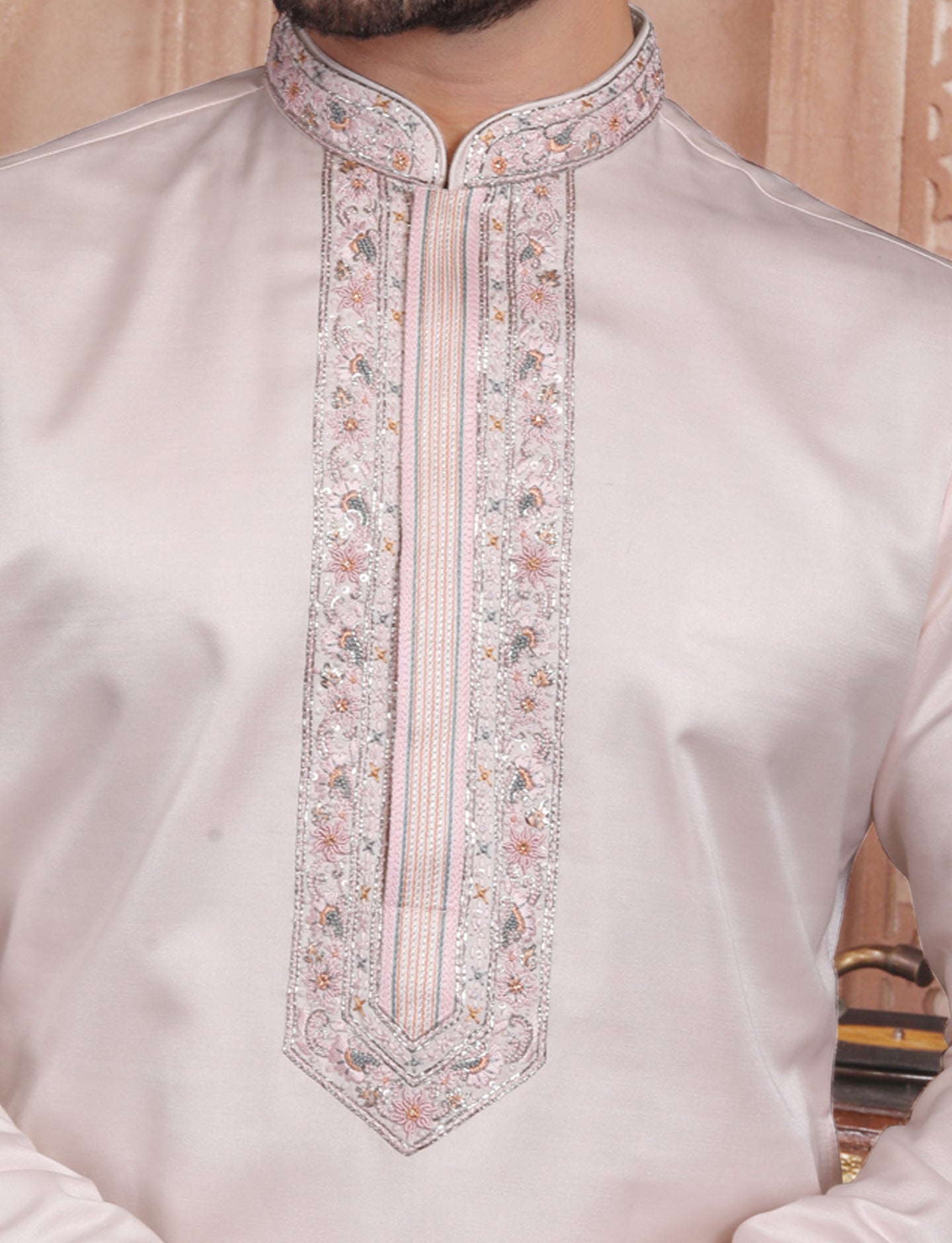 Pastal Peach Elegant Handcrafted embroidery kurta With Aligarhi Pant