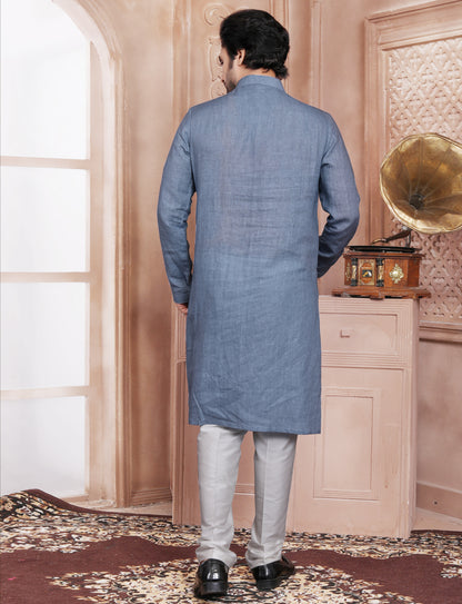 Blue Stylis Linen Dori Work Kurta With Aligarhi Pant