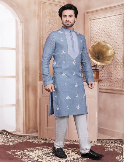 Blue Stylis Linen Dori Work Kurta With Aligarhi Pant