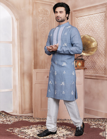 Blue Stylis Linen Dori Work Kurta With Aligarhi Pant