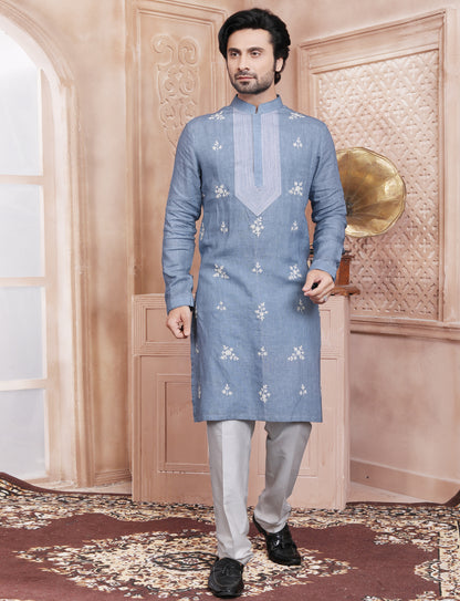 Blue Stylis Linen Dori Work Kurta With Aligarhi Pant