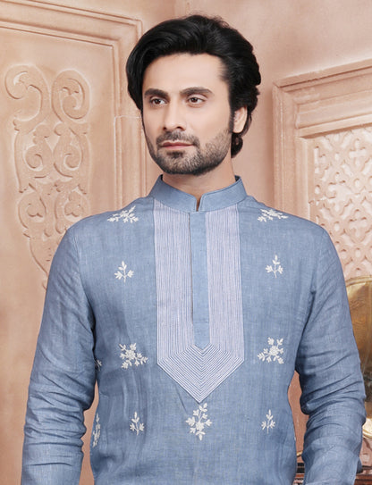 Blue Stylis Linen Dori Work Kurta With Aligarhi Pant