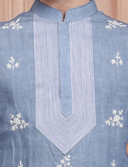 Blue Stylis Linen Dori Work Kurta With Aligarhi Pant