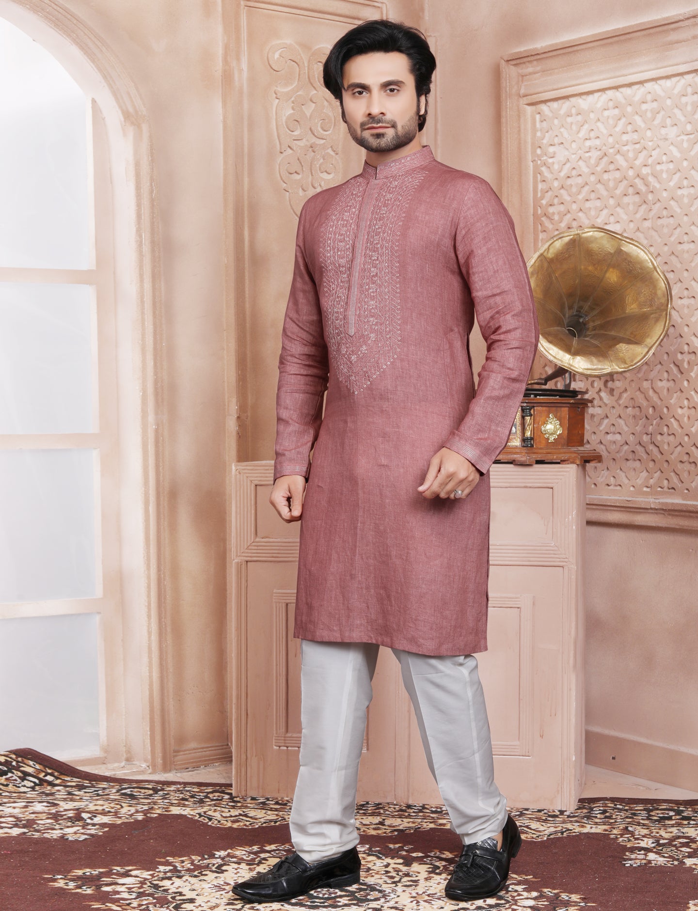 Dusty Pink Linen Handcrafted Kurta With Aligarhi Pant