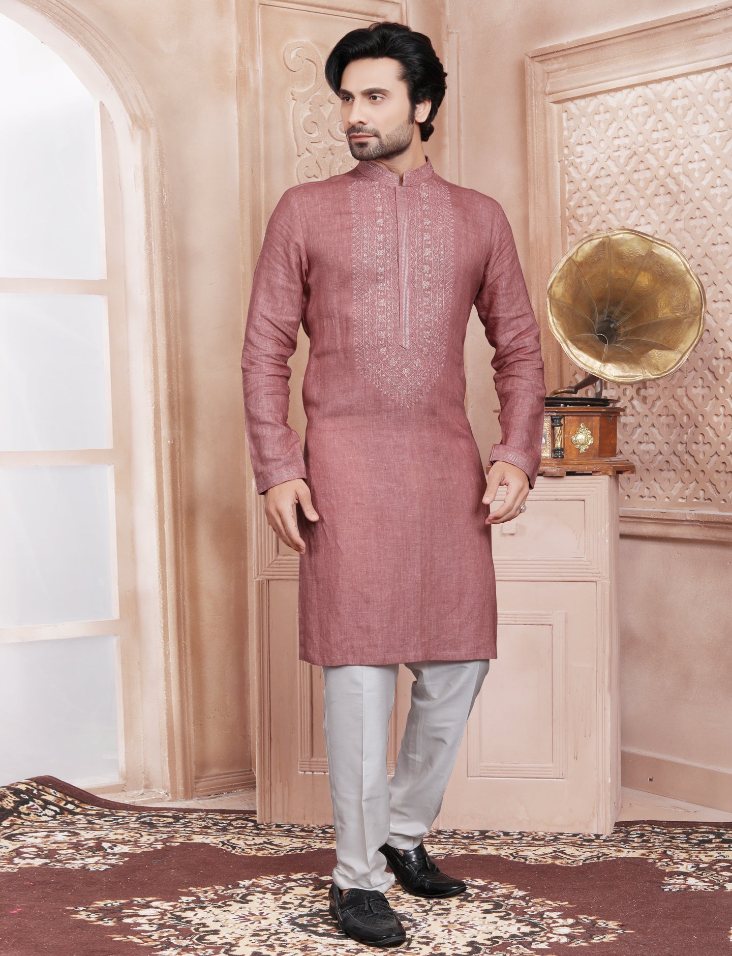 Dusty Pink Linen Handcrafted Kurta With Aligarhi Pant