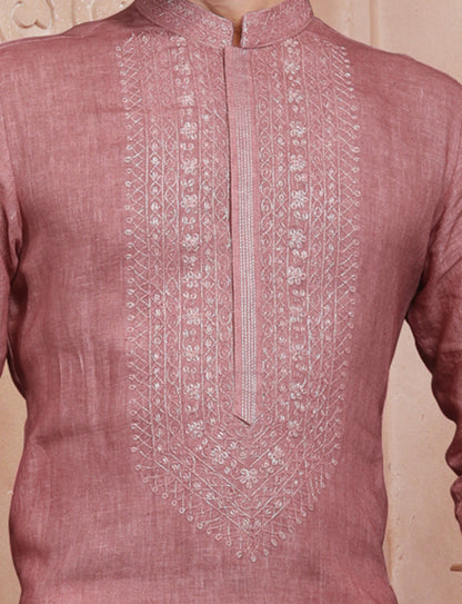 Dusty Pink Linen Handcrafted Kurta With Aligarhi Pant