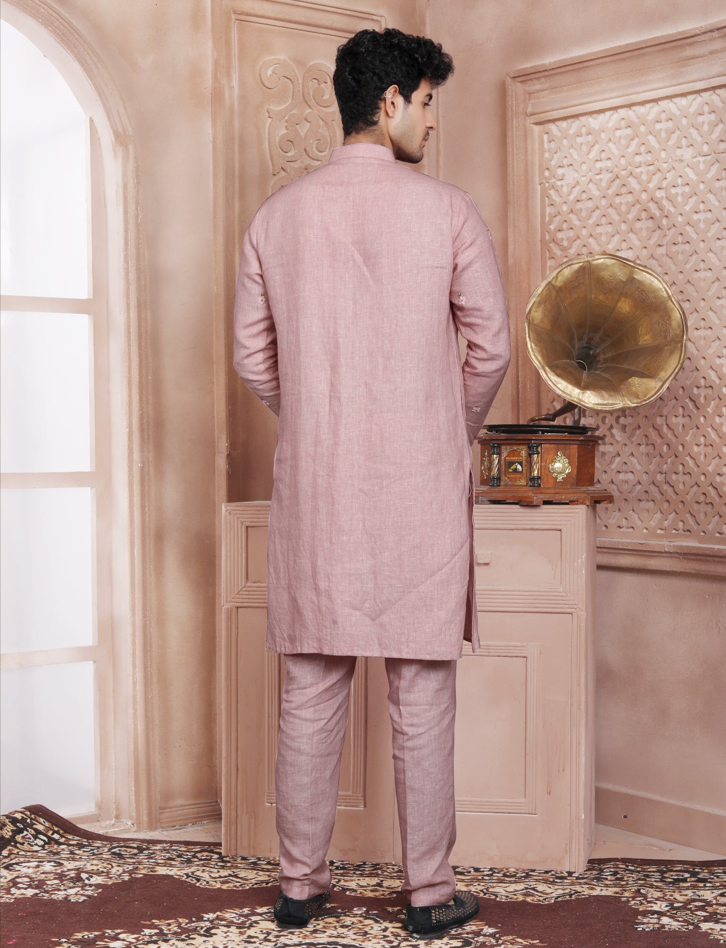 Dusty Pink Linen Stylis Hand Work Kurta With Aligarhi Pant