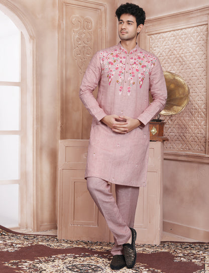 Dusty Pink Linen Stylis Hand Work Kurta With Aligarhi Pant