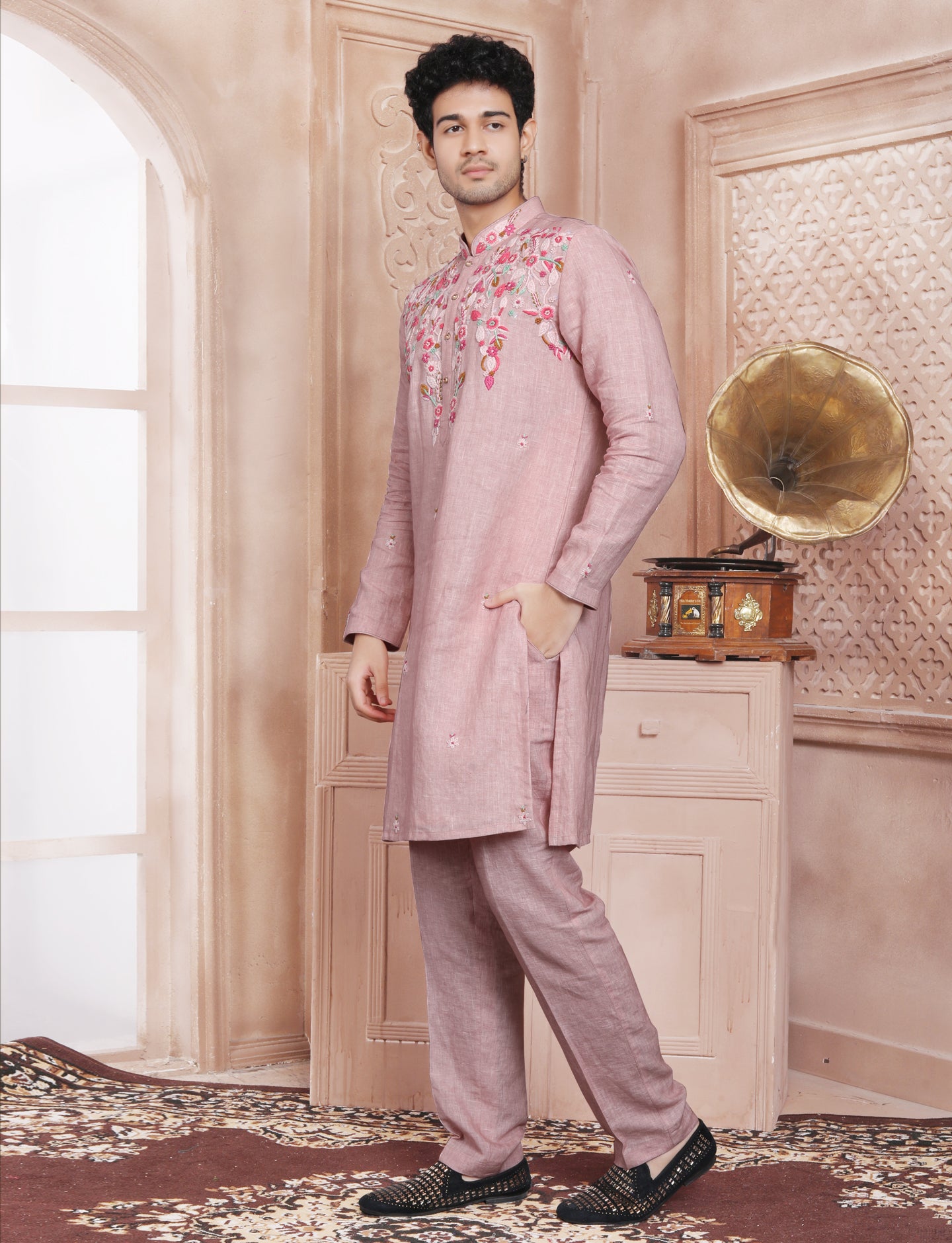 Dusty Pink Linen Stylis Hand Work Kurta With Aligarhi Pant