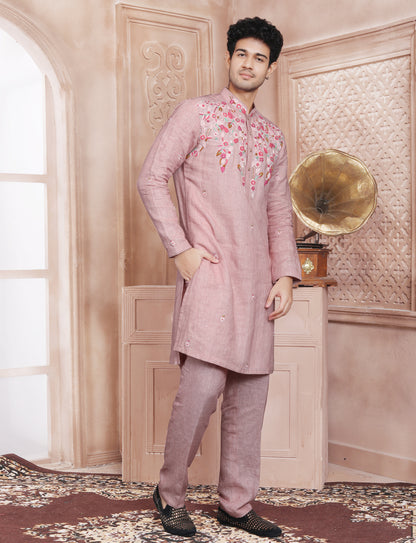 Dusty Pink Linen Stylis Hand Work Kurta With Aligarhi Pant