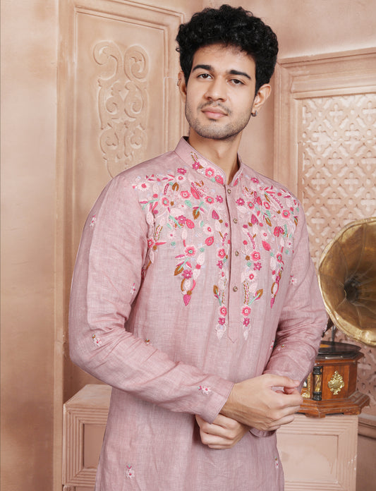 Dusty Pink Linen Stylis Hand Work Kurta With Aligarhi Pant