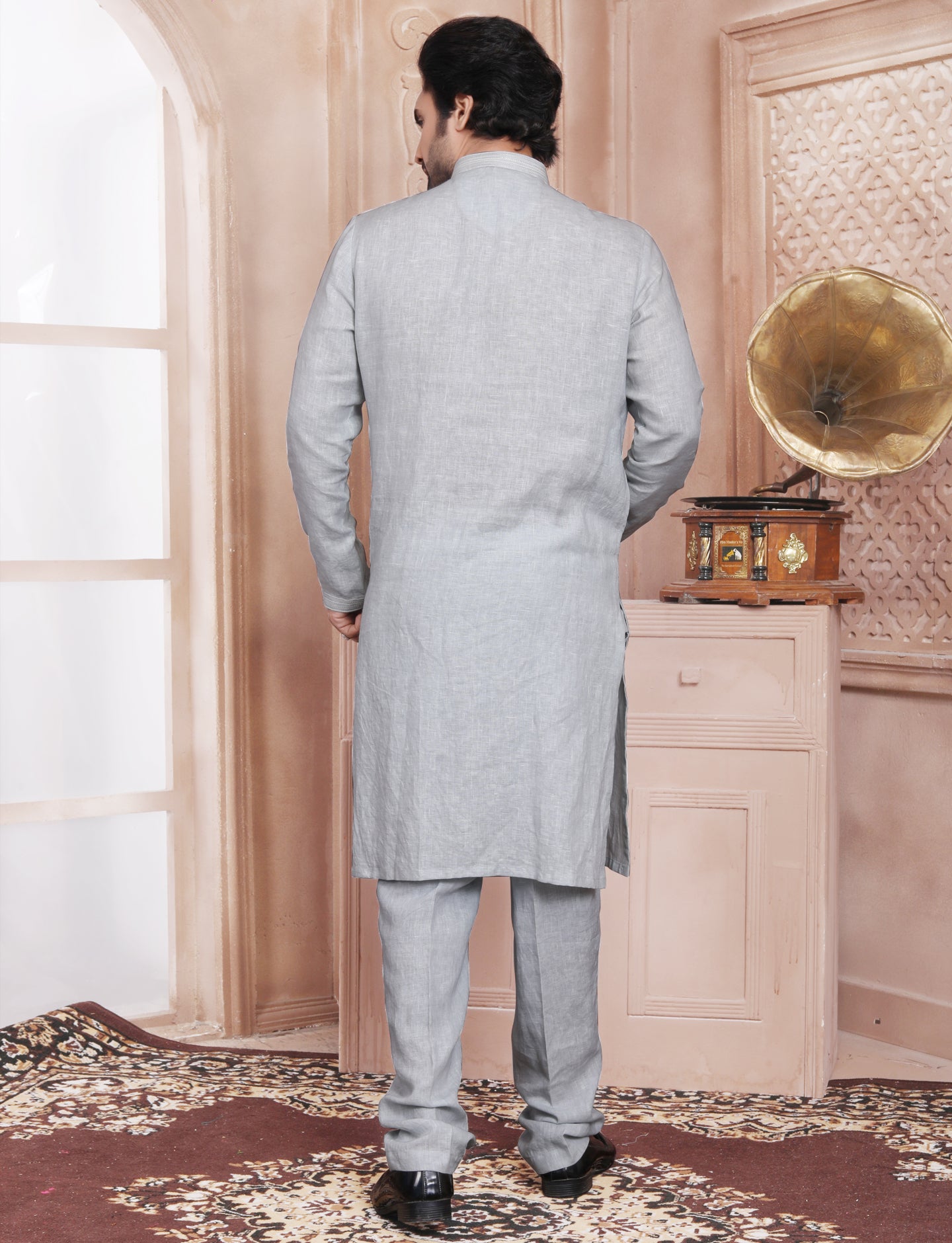 Light Grey Linen Ethnic Hand Work Kurta With Aligarhi Pant