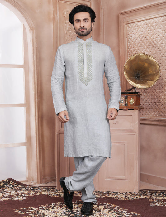 Light Grey Linen Ethnic Hand Work Kurta With Aligarhi Pant