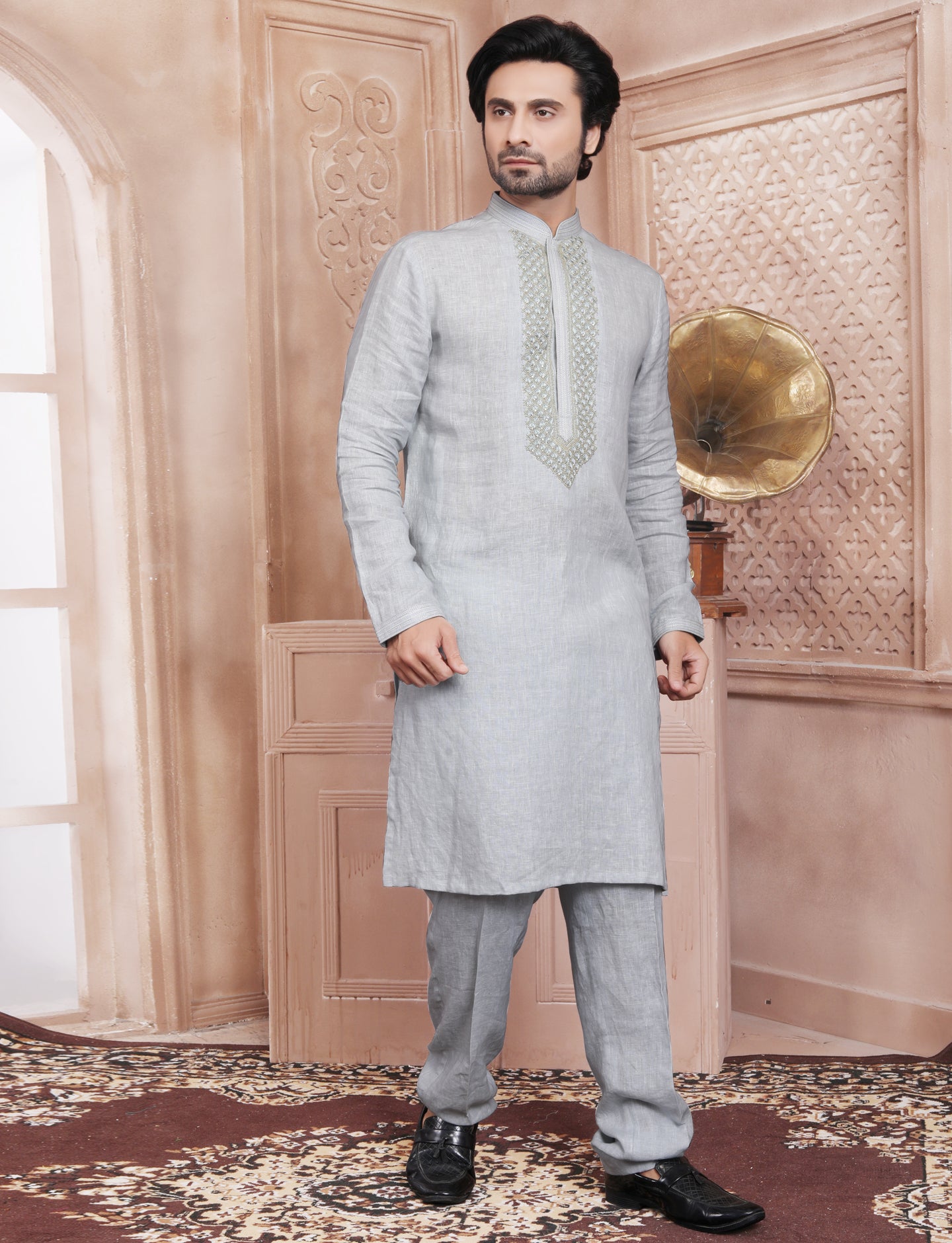 Light Grey Linen Ethnic Hand Work Kurta With Aligarhi Pant