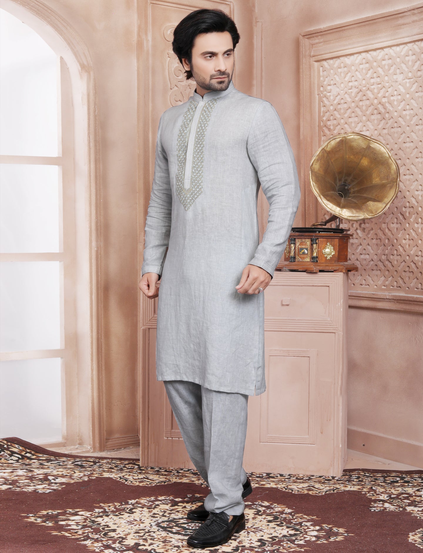 Light Grey Linen Ethnic Hand Work Kurta With Aligarhi Pant