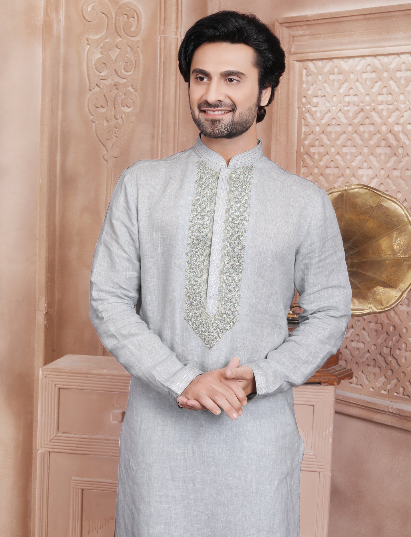 Light Grey Linen Ethnic Hand Work Kurta With Aligarhi Pant