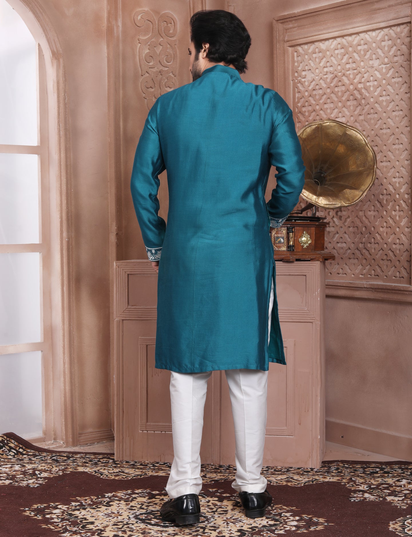 Dark Turquoise Elegant Silk Embroidery Kurta With Aligarhi Pant