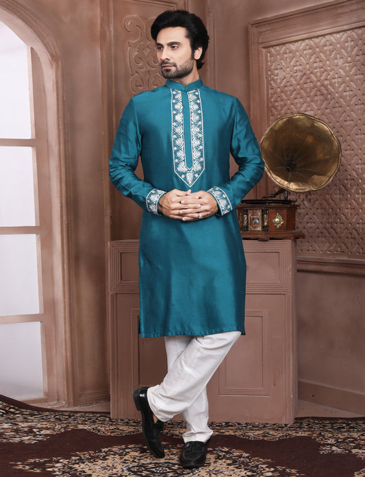 Dark Turquoise Elegant Silk Embroidery Kurta With Aligarhi Pant