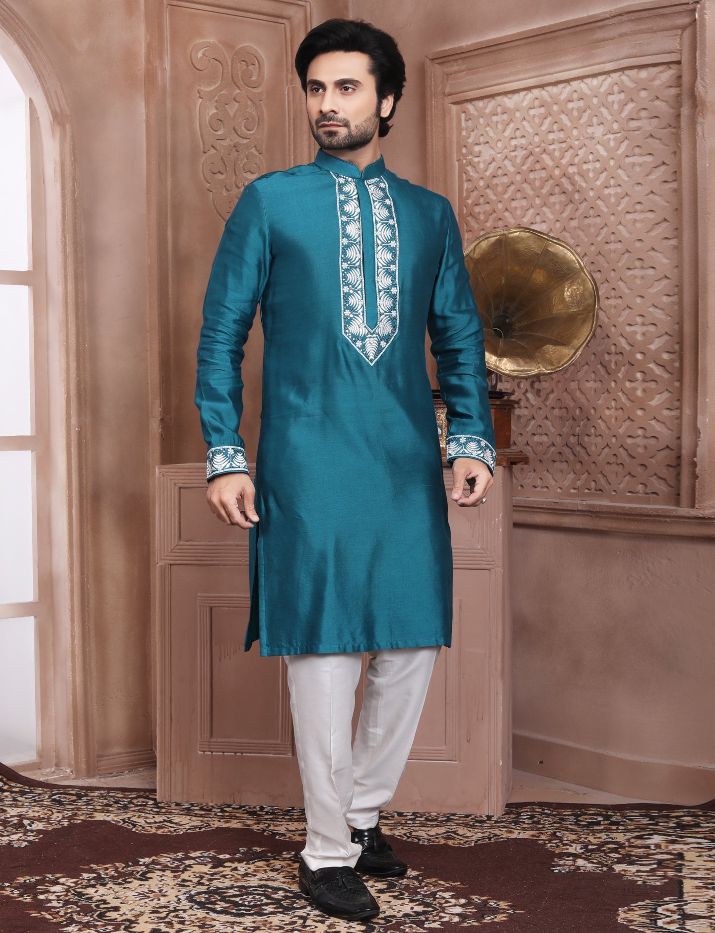 Dark Turquoise Elegant Silk Embroidery Kurta With Aligarhi Pant