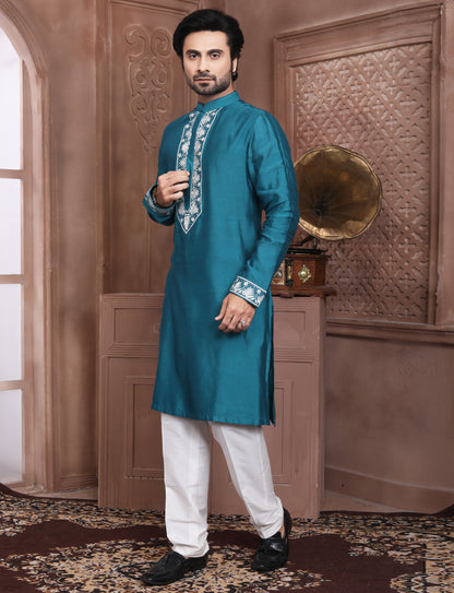 Dark Turquoise Elegant Silk Embroidery Kurta With Aligarhi Pant