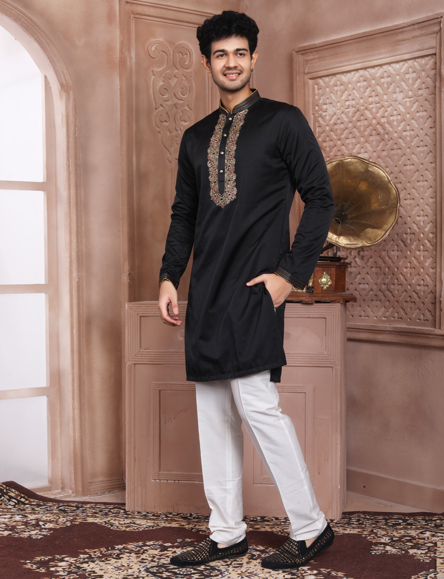 Black Banarasi Silk Hand Embroidery kurta With Aligarhi Pant