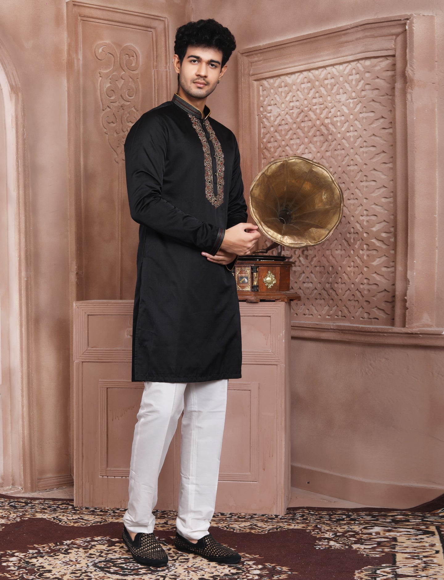 Black Banarasi Silk Hand Embroidery kurta With Aligarhi Pant