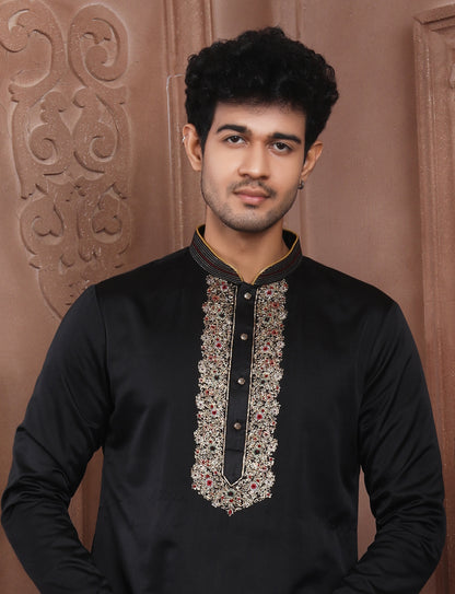 Black Banarasi Silk Hand Embroidery kurta With Aligarhi Pant