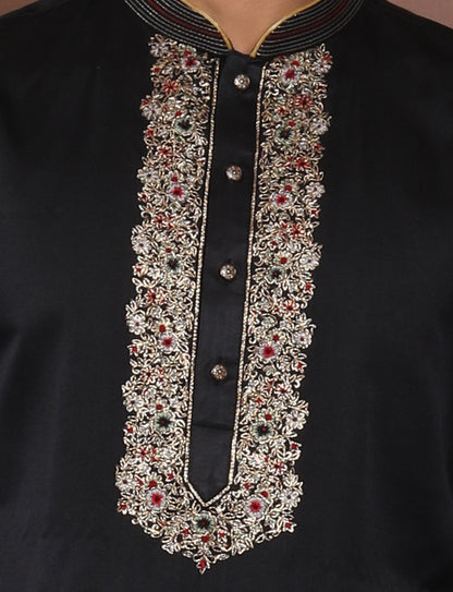 Black Banarasi Silk Hand Embroidery kurta With Aligarhi Pant