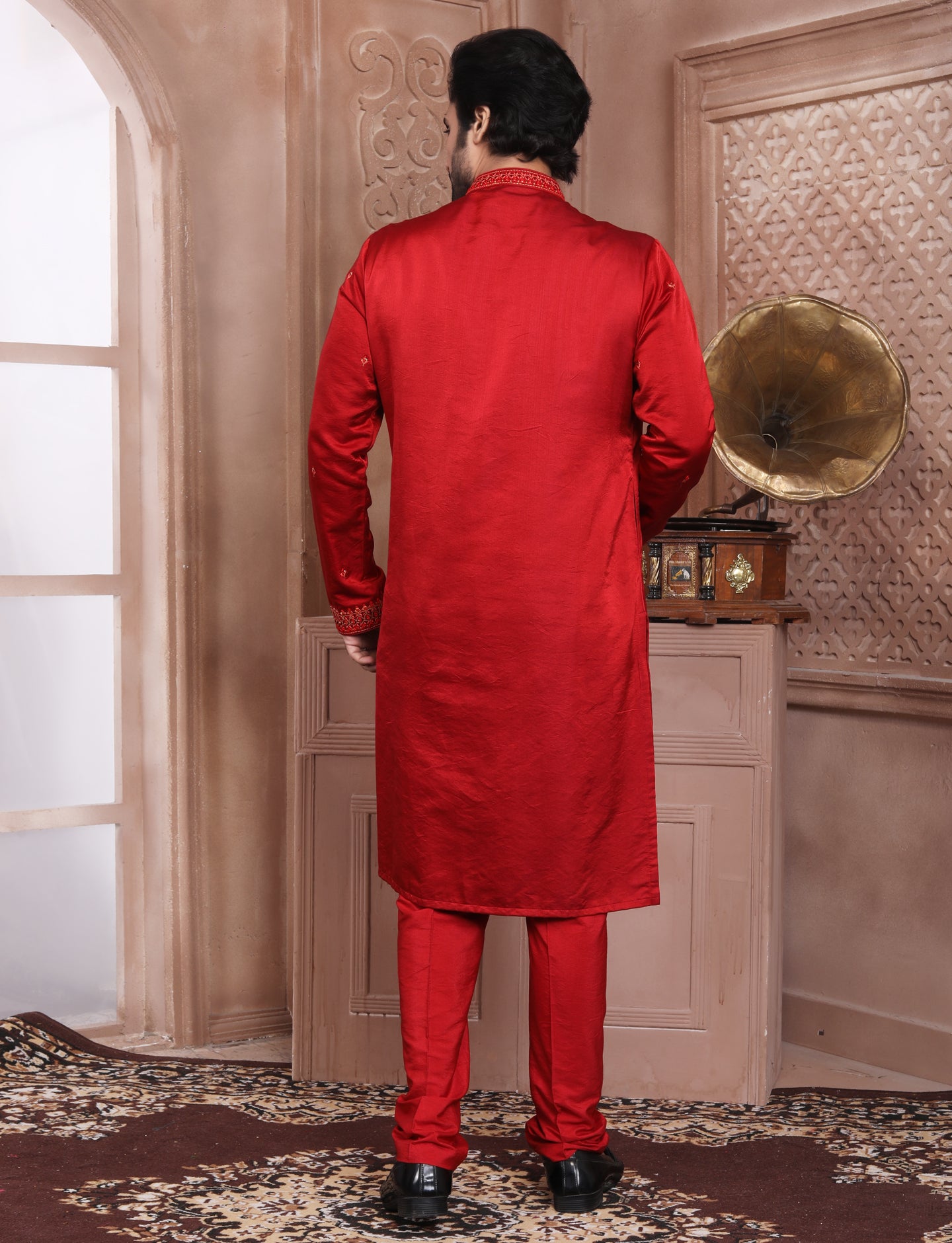 Red Banarasi Silk Hand thread work Embrodary Kurta With Aligarhi Pant