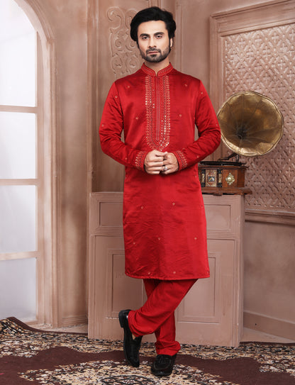 Red Banarasi Silk Hand thread work Embrodary Kurta With Aligarhi Pant