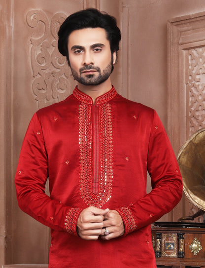 Red Banarasi Silk Hand thread work Embrodary Kurta With Aligarhi Pant