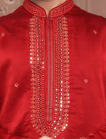 Red Banarasi Silk Hand thread work Embrodary Kurta With Aligarhi Pant