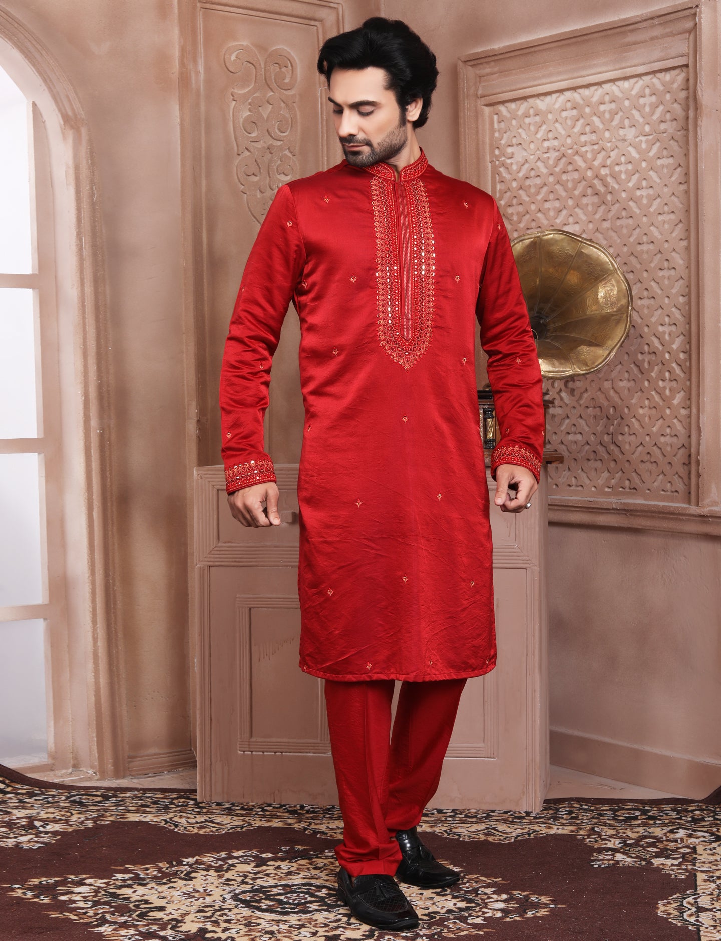 Red Banarasi Silk Hand thread work Embrodary Kurta With Aligarhi Pant