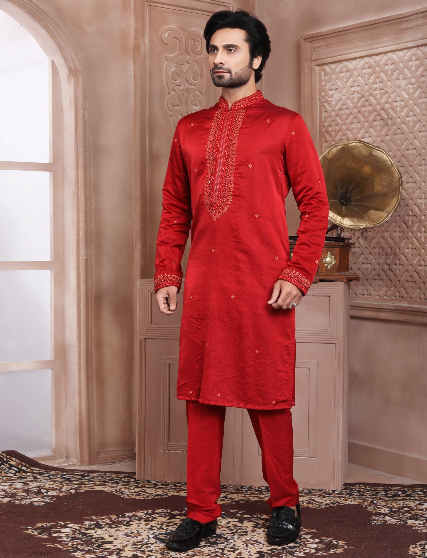 Red Banarasi Silk Hand thread work Embrodary Kurta With Aligarhi Pant