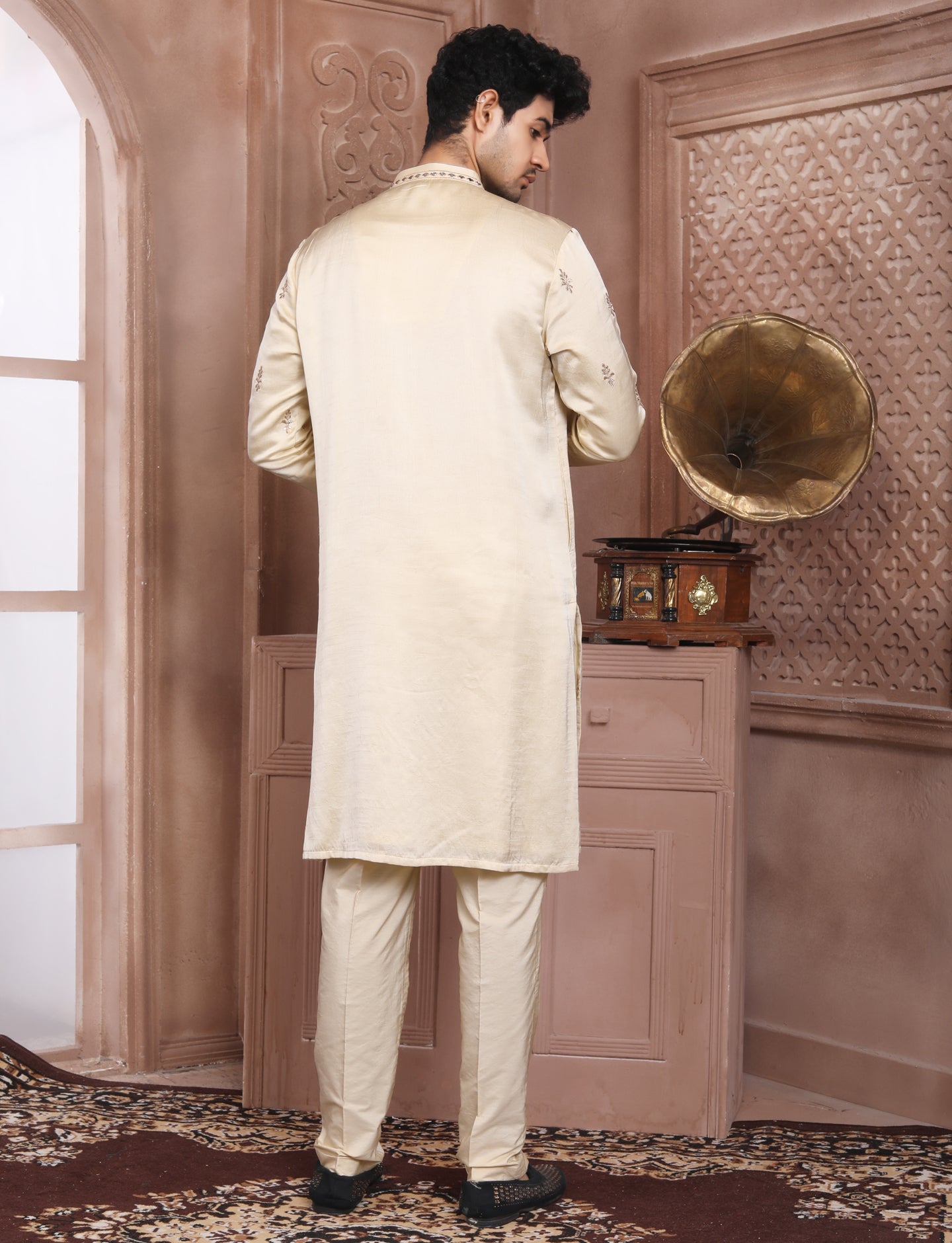 Cream Banarasi Silk Golden jari kurta With Aligarhi Pant