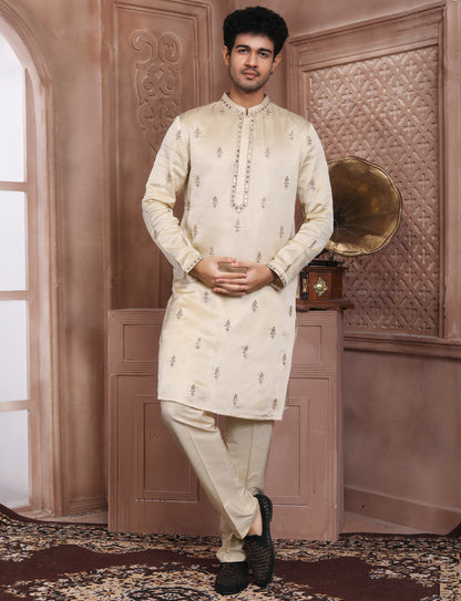 Cream Banarasi Silk Golden jari kurta With Aligarhi Pant