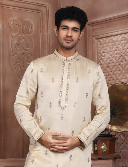 Cream Banarasi Silk Golden jari kurta With Aligarhi Pant