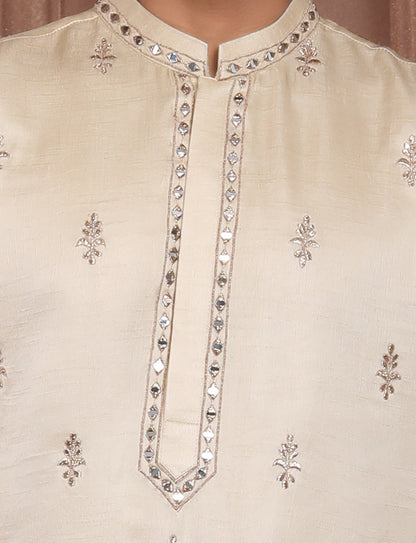 Cream Banarasi Silk Golden jari kurta With Aligarhi Pant