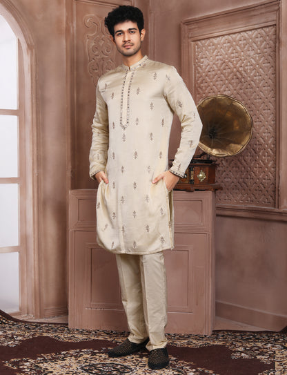 Cream Banarasi Silk Golden jari kurta With Aligarhi Pant