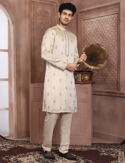 Cream Banarasi Silk Golden jari kurta With Aligarhi Pant