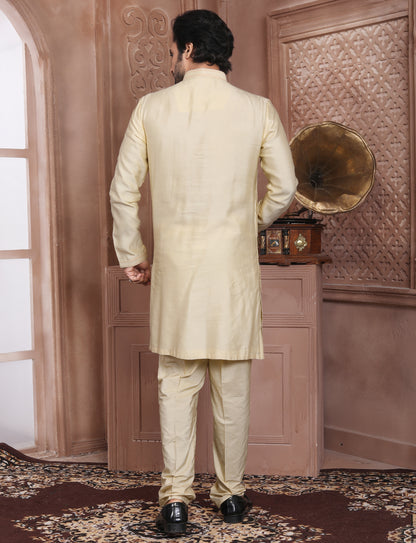 Cream Banarasi Resham mirror work Kurta With Aligarhi Pant